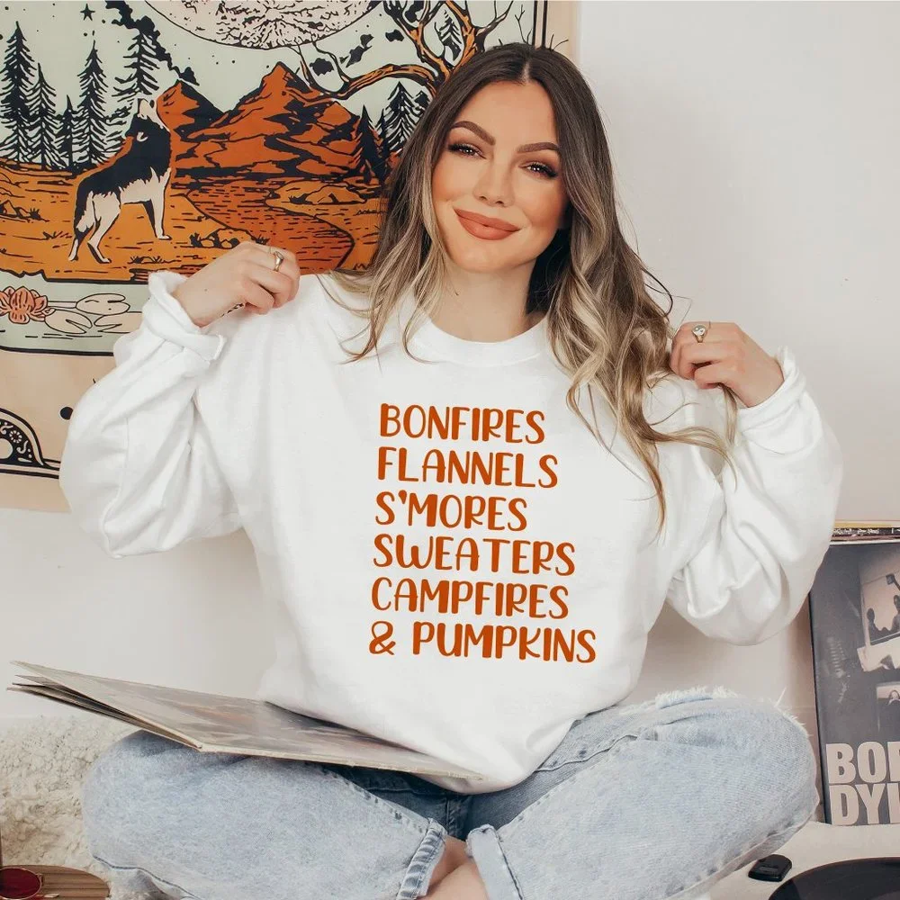 Bonfires Flannels Sweaters Fall Time White Sweatshirt - Picture 1 of 1